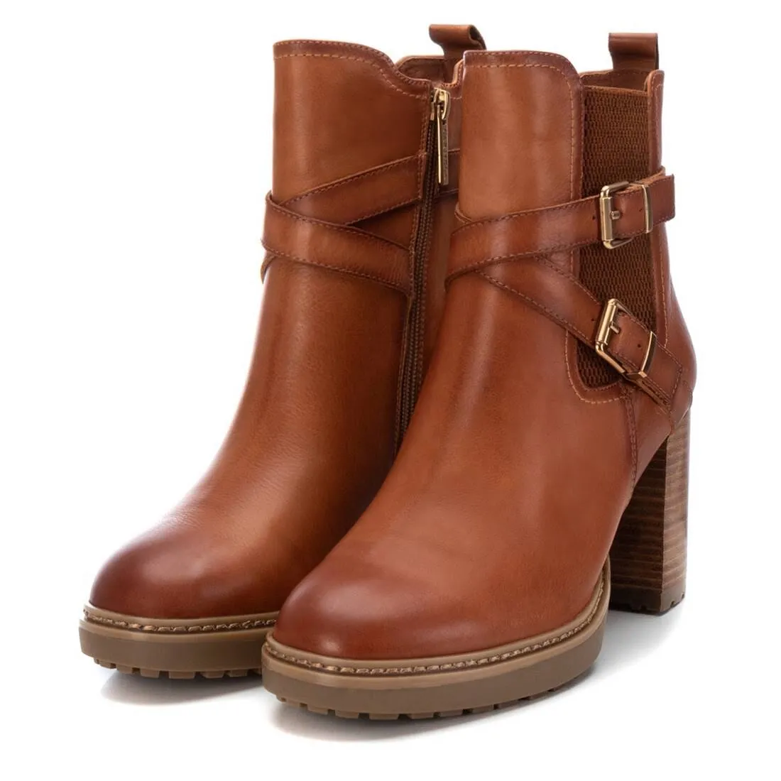 161161 Spanish Leather ankle boots with ankle straps and elastic in Tan