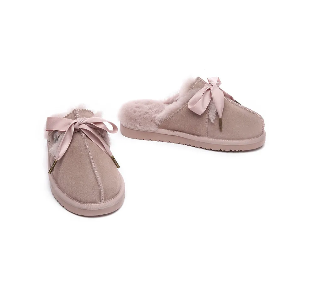 AUSTRALIAN SHEPHERD® UGG Slippers Women Sheepskin Wool Adjustable Ribbon Bow Ruby