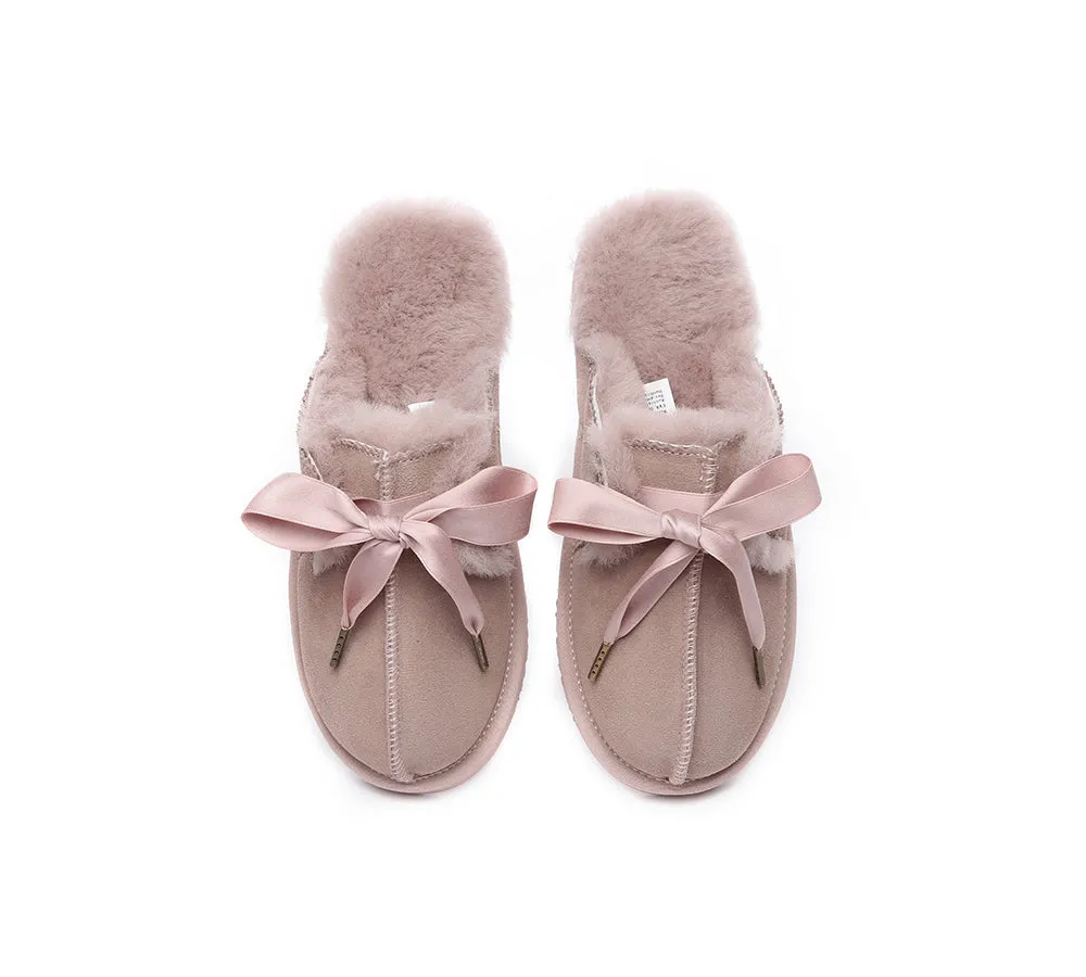 AUSTRALIAN SHEPHERD® UGG Slippers Women Sheepskin Wool Adjustable Ribbon Bow Ruby