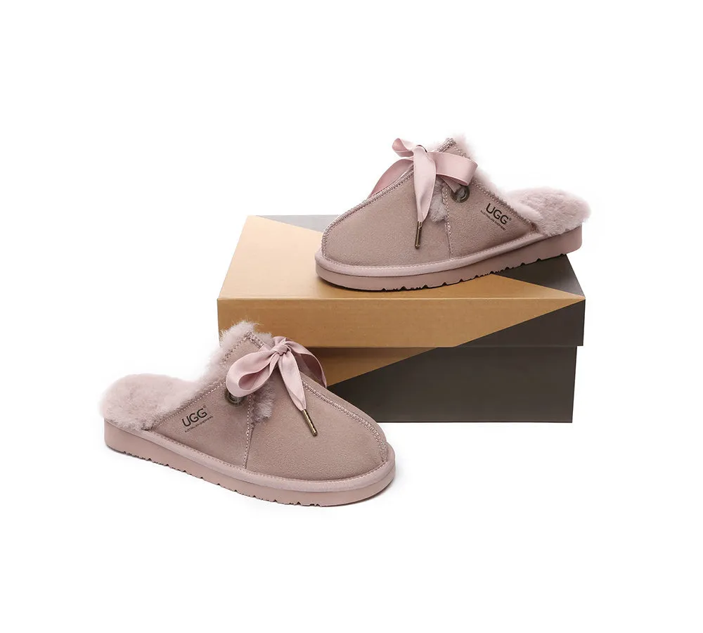 AUSTRALIAN SHEPHERD® UGG Slippers Women Sheepskin Wool Adjustable Ribbon Bow Ruby