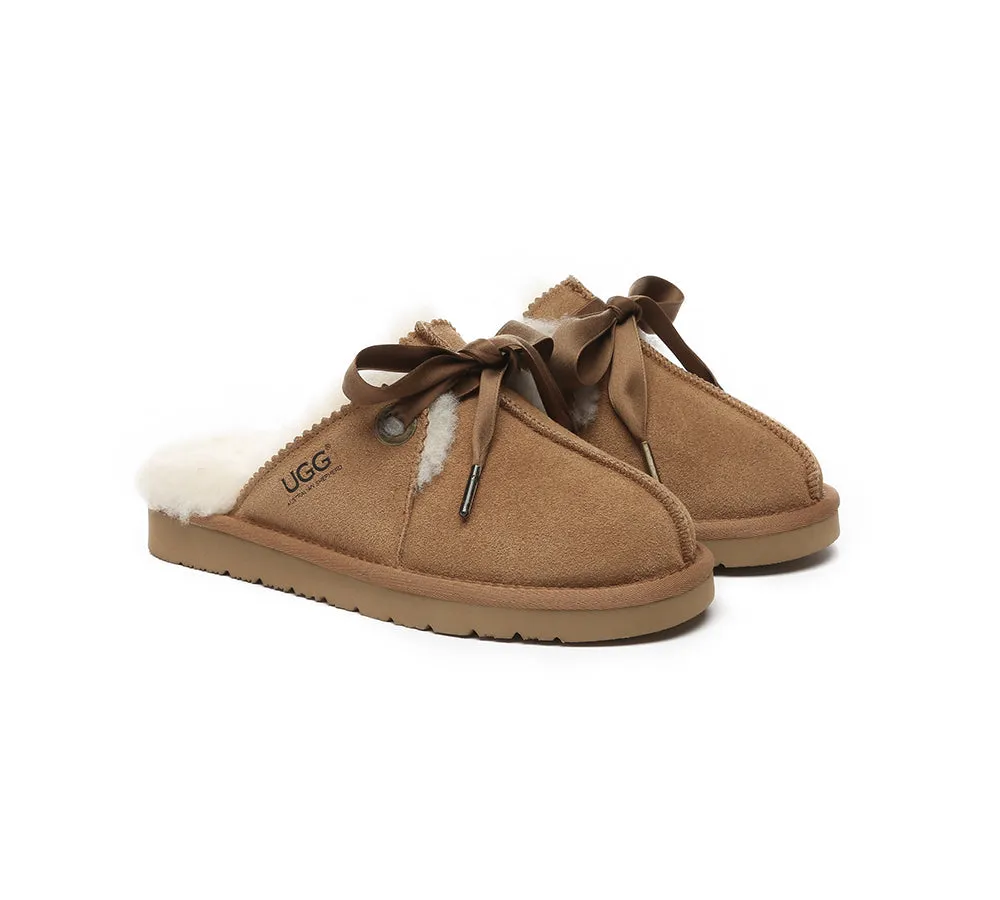 AUSTRALIAN SHEPHERD® UGG Slippers Women Sheepskin Wool Adjustable Ribbon Bow Ruby