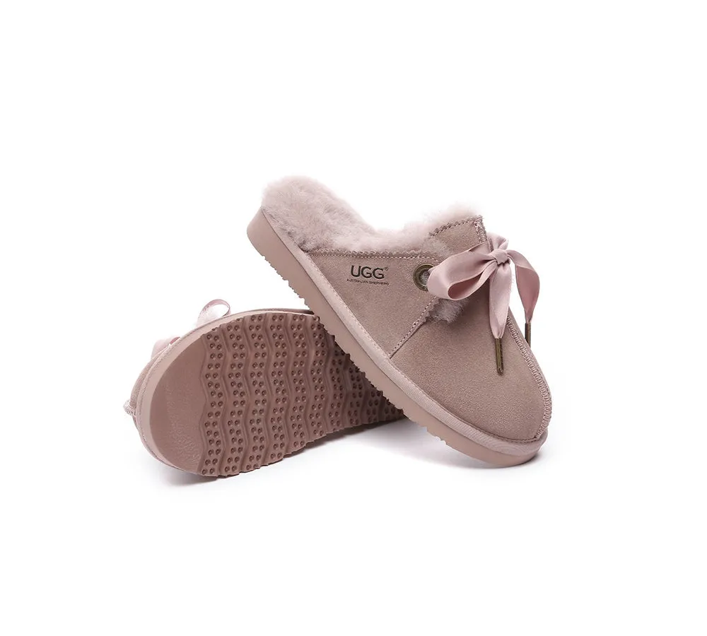 AUSTRALIAN SHEPHERD® UGG Slippers Women Sheepskin Wool Adjustable Ribbon Bow Ruby