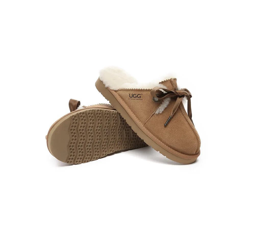 AUSTRALIAN SHEPHERD® UGG Slippers Women Sheepskin Wool Adjustable Ribbon Bow Ruby