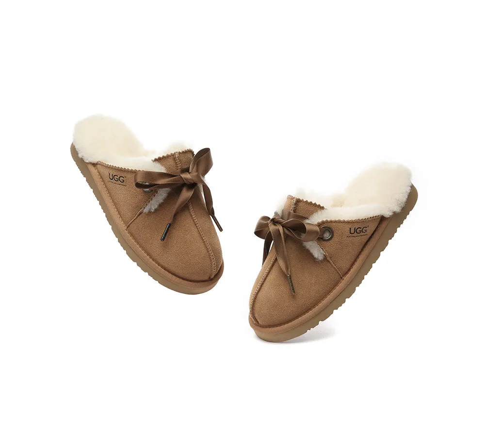 AUSTRALIAN SHEPHERD® UGG Slippers Women Sheepskin Wool Adjustable Ribbon Bow Ruby