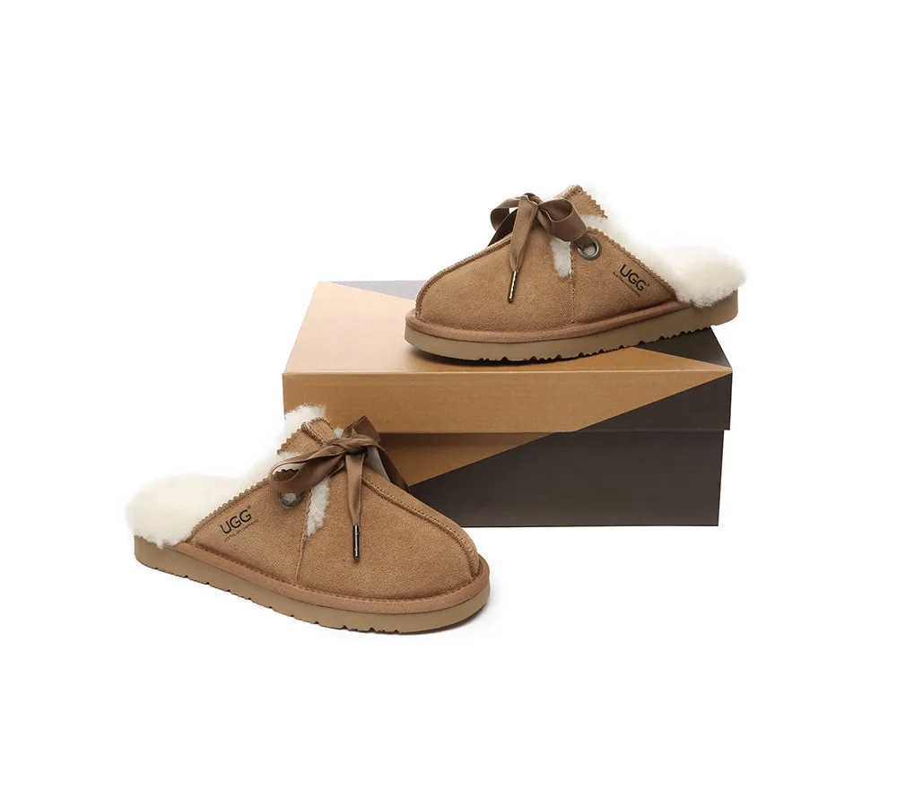 AUSTRALIAN SHEPHERD® UGG Slippers Women Sheepskin Wool Adjustable Ribbon Bow Ruby