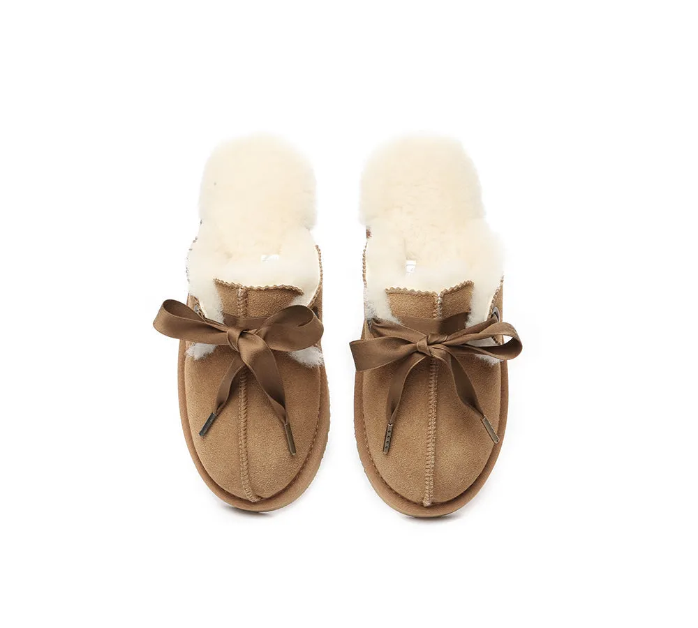 AUSTRALIAN SHEPHERD® UGG Slippers Women Sheepskin Wool Adjustable Ribbon Bow Ruby
