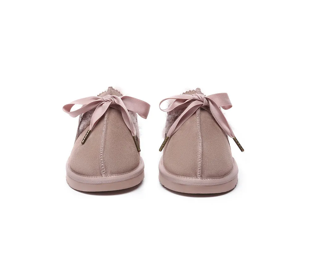 AUSTRALIAN SHEPHERD® UGG Slippers Women Sheepskin Wool Adjustable Ribbon Bow Ruby