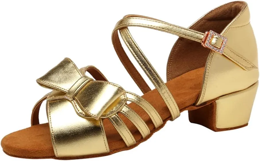 Girls Latin Dance Shoes Cute Bow Ballroom Salsa Professional Performance Practice Dancing Shoes Low Heel, Model EM-L1026