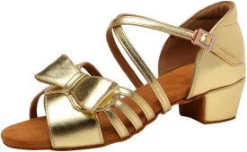 Girls Latin Dance Shoes Cute Bow Ballroom Salsa Professional Performance Practice Dancing Shoes Low Heel, Model EM-L1026