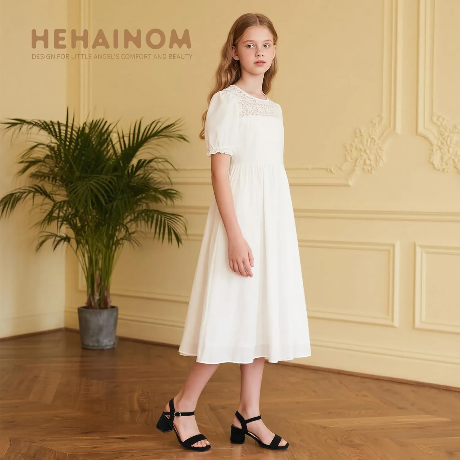 Hehainom Girls Heels Dress Shoes Square Toe Sandals Flower Girl Party Wedding Church Little Big Kid Shoes