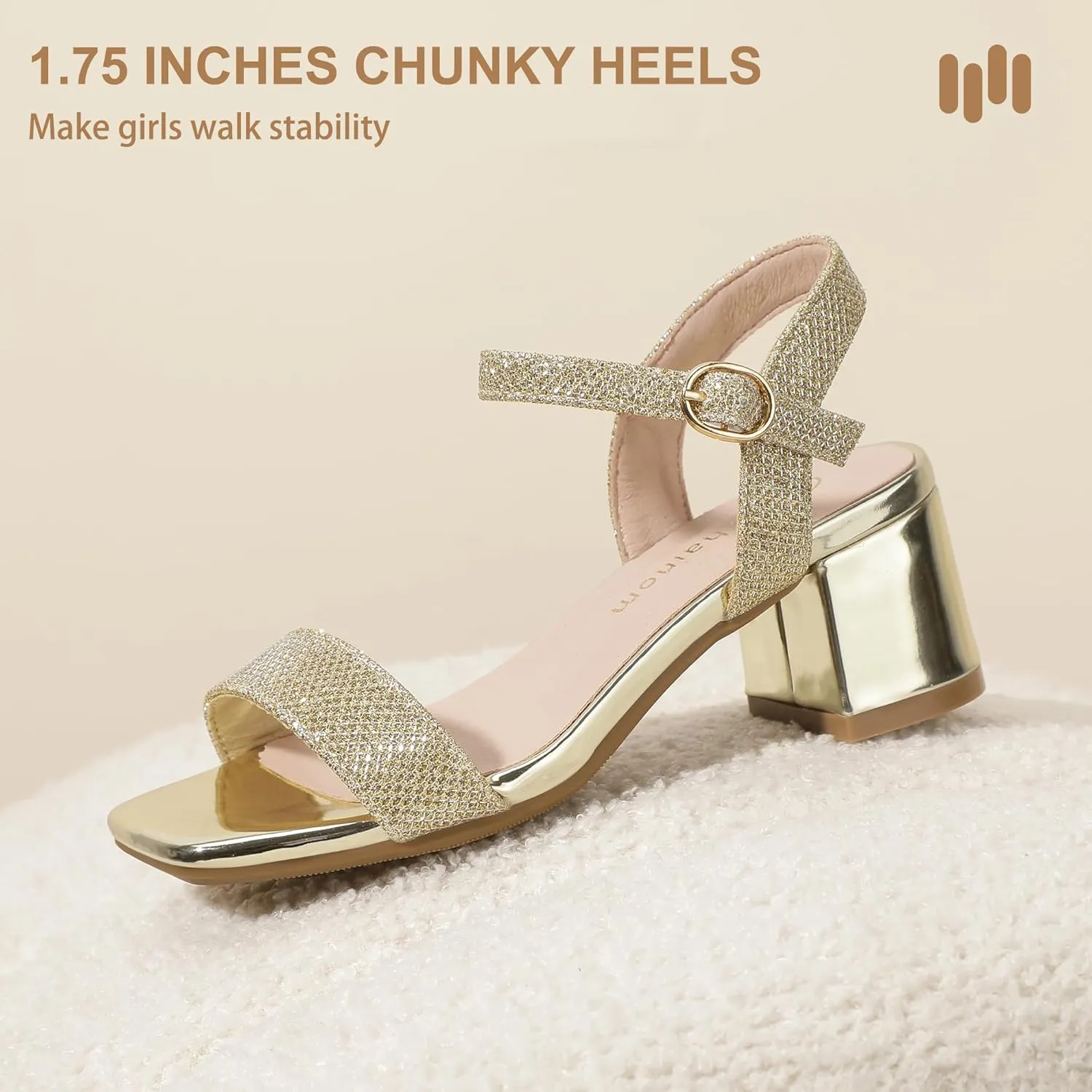 Hehainom Girls Heels Dress Shoes Square Toe Sandals Flower Girl Party Wedding Church Little Big Kid Shoes