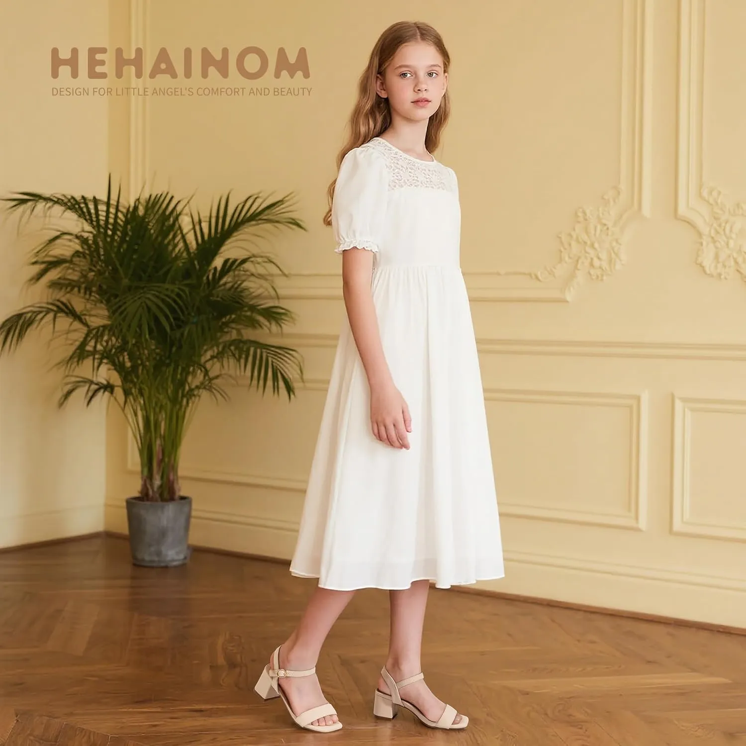Hehainom Girls Heels Dress Shoes Square Toe Sandals Flower Girl Party Wedding Church Little Big Kid Shoes