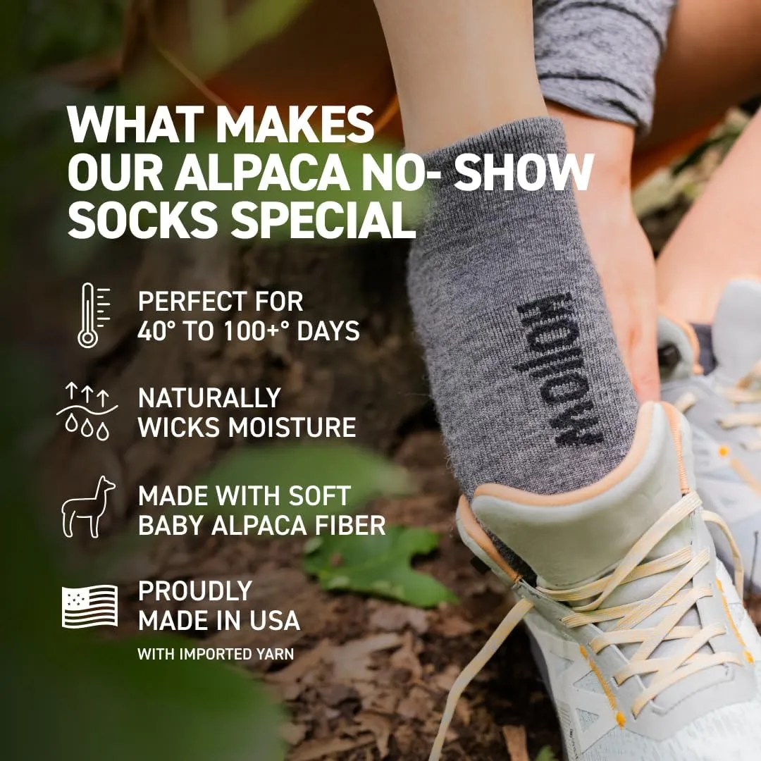 HOLLOW Alpaca No Show Socks for Men and Women, Moisture Wicking Alpaca Socks for Hiking, Running, Outdoors, Any Season No Show Sock, Temperature Regulating, Light Compression, Medium, Black