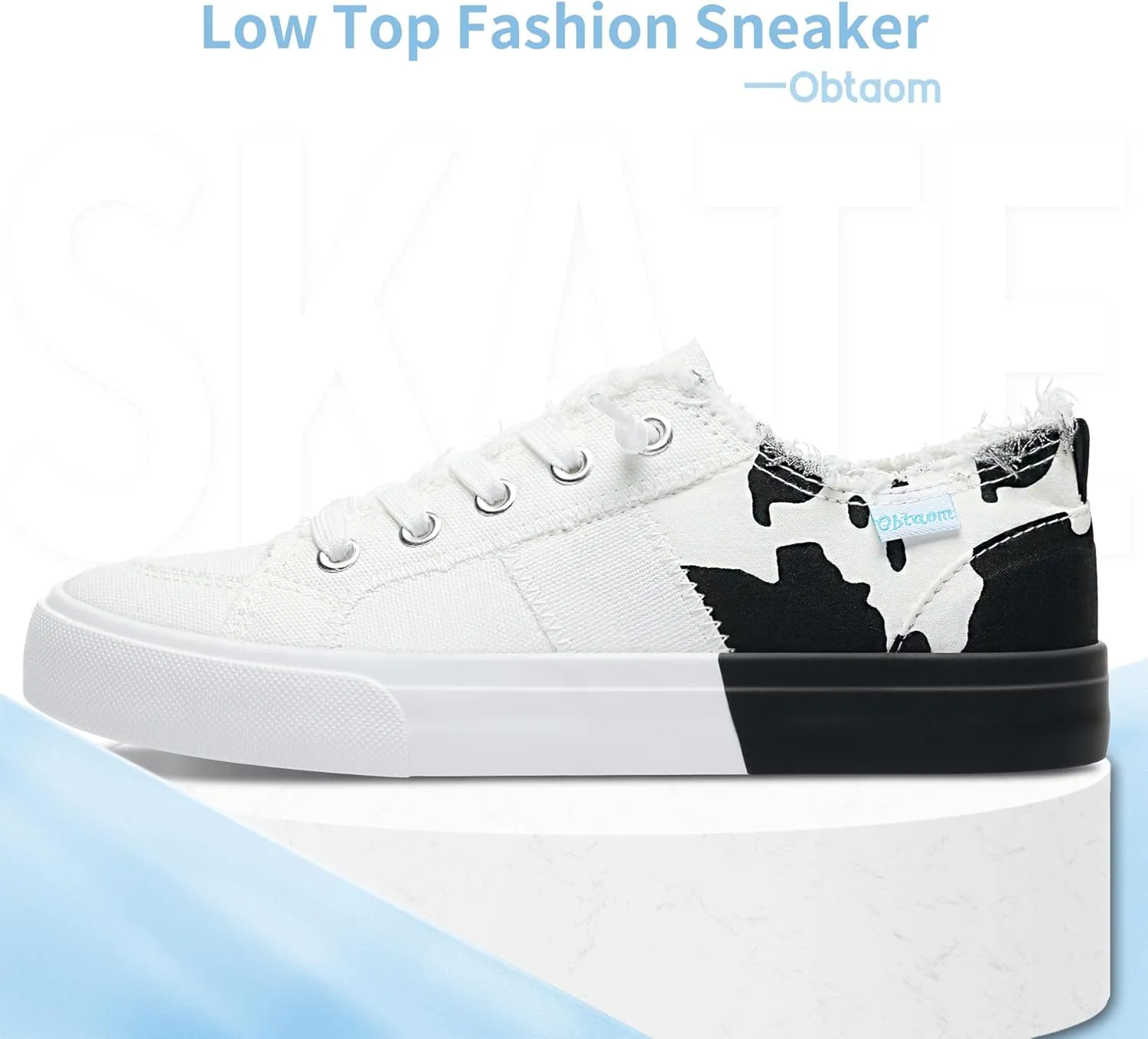 Obtaom Women's Play Fashion Sneaker White Color Washed and Leopard Canvas Slip on Shoes