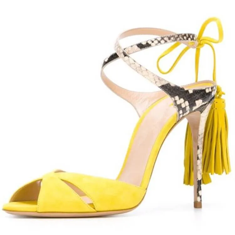 Summer Open Toe Strap Suede Fringe High Heel Sandals