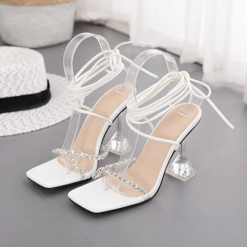 Summer Rhinestone Square Toe Strap Sandals