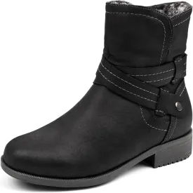 VJH confort Women's Mid Calf Boots, Fur Lined Round Toe Low heel Cross Straps Slouchy Booties with Zipper