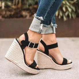 Wedge Leather Platform Buckle Sandals